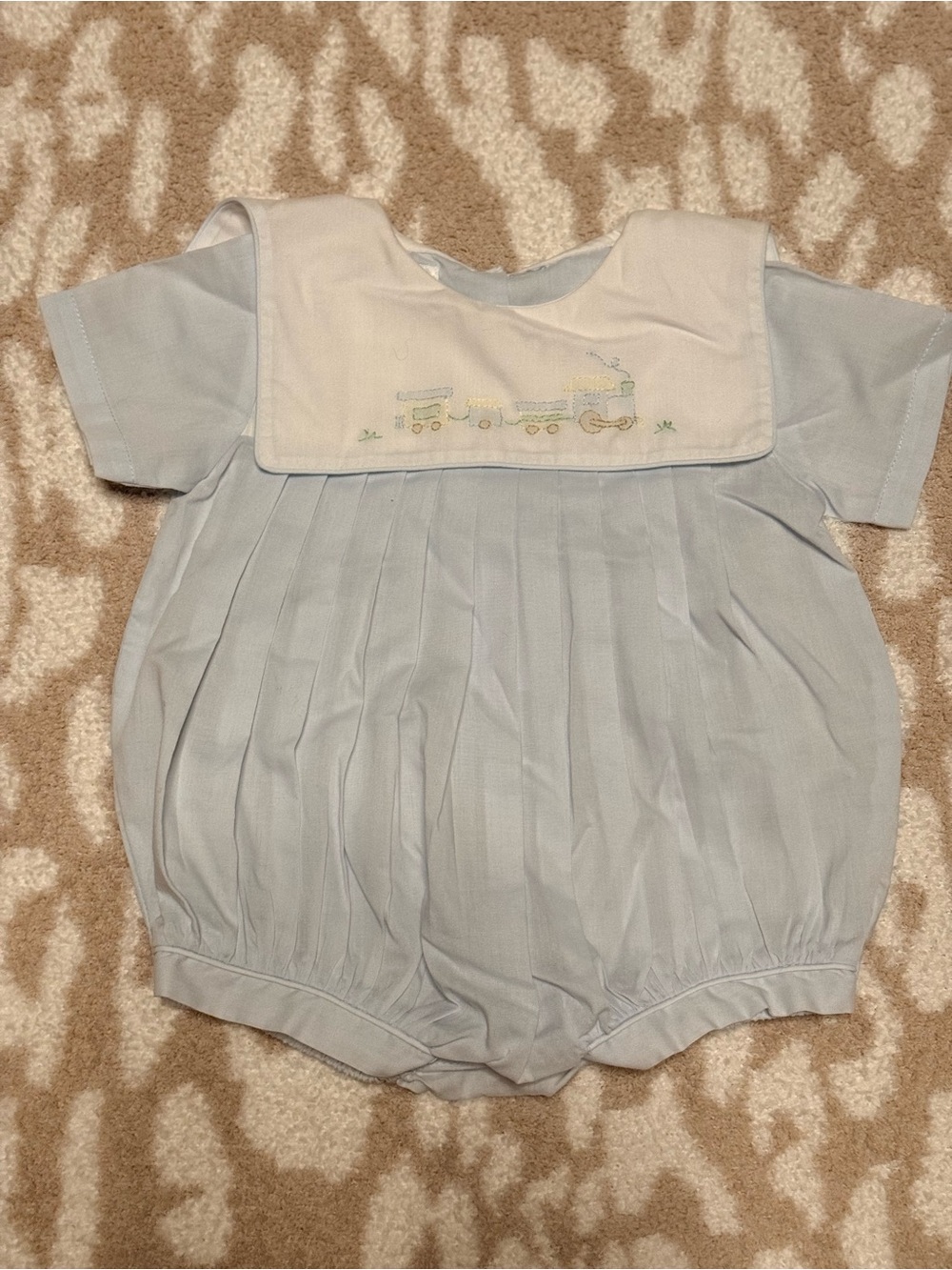 Petit Ami 3m Light Blue Baby Bubble Romper with Train Embroidery